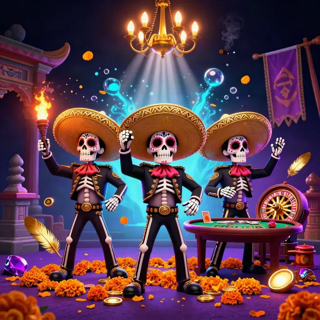 Skeleton mariachi trio in a luxe neon casino scene with roulette, cards, coins, and magical lighting