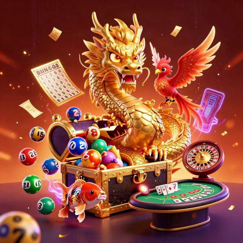 Golden dragon, phoenix and koi amid casino props, neon energy, crimson glow.