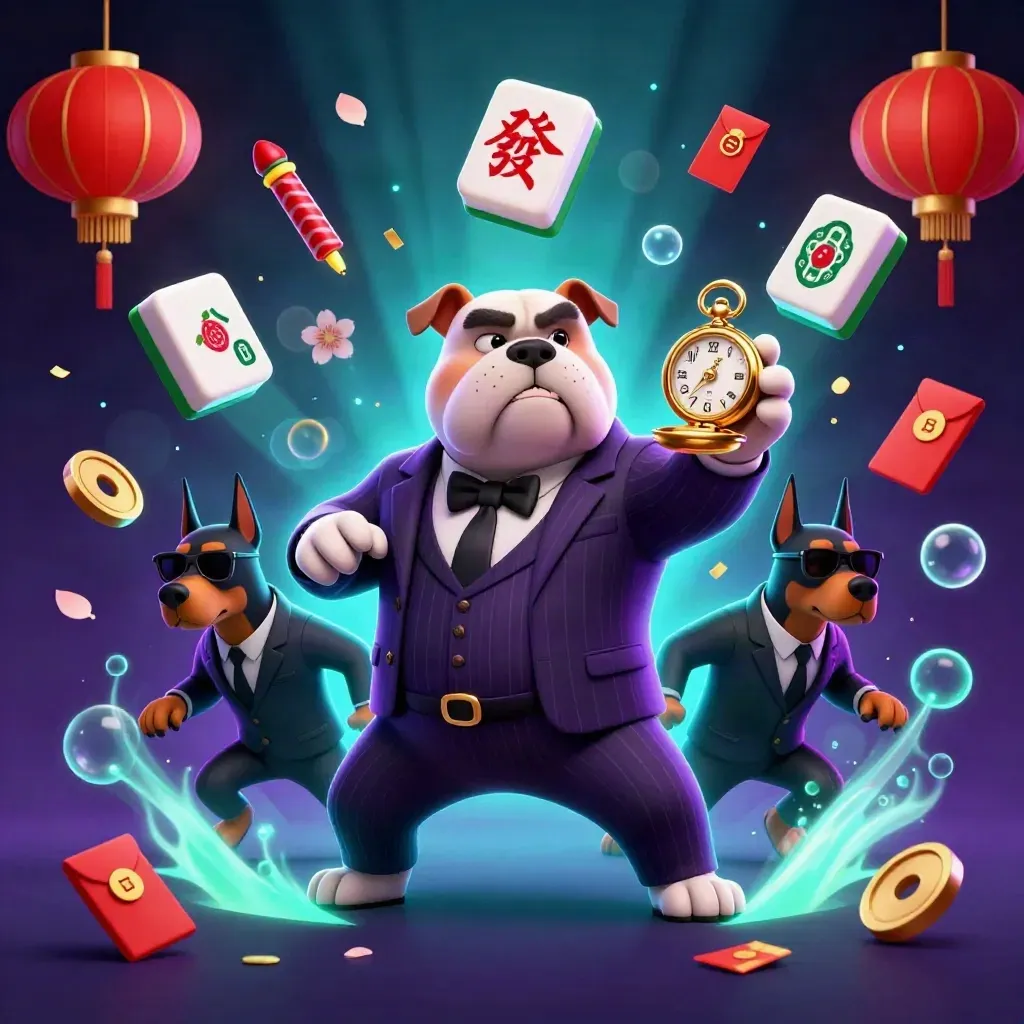 Bulldog mafia boss and Doberman guards amid gold mahjong tiles, lanterns, coins and neon casino bursts