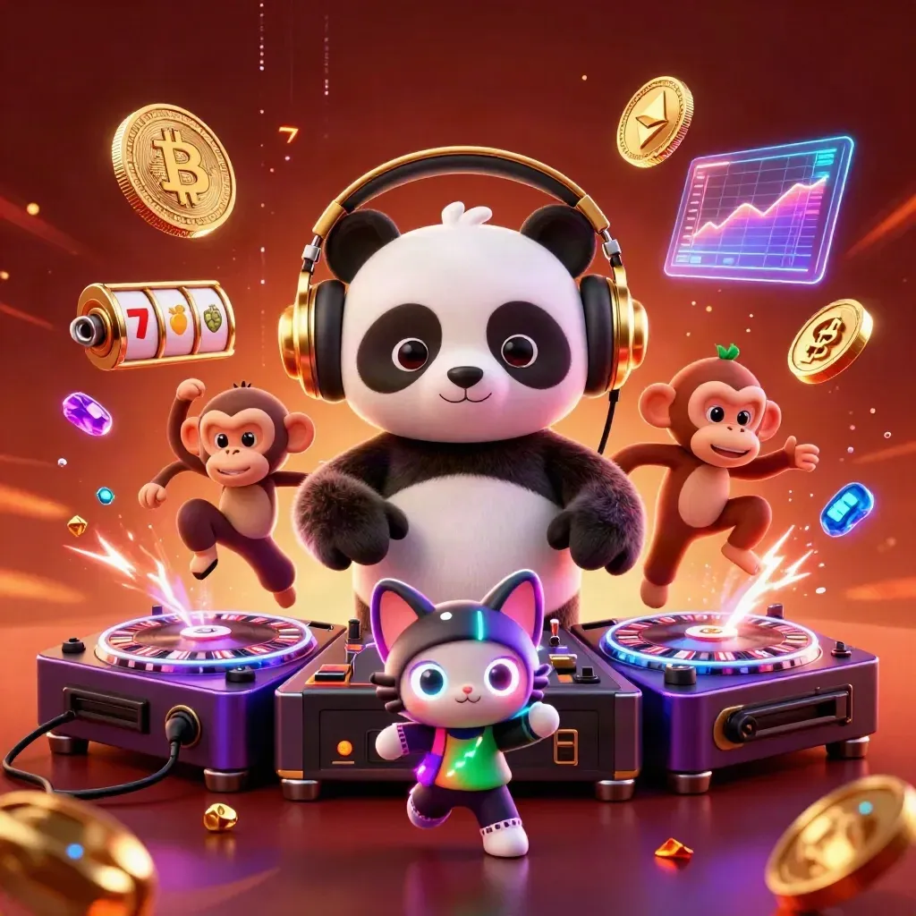 3D panda DJ, monkey, and rave kitten amid casino coins, neon bolts, and treasure burst