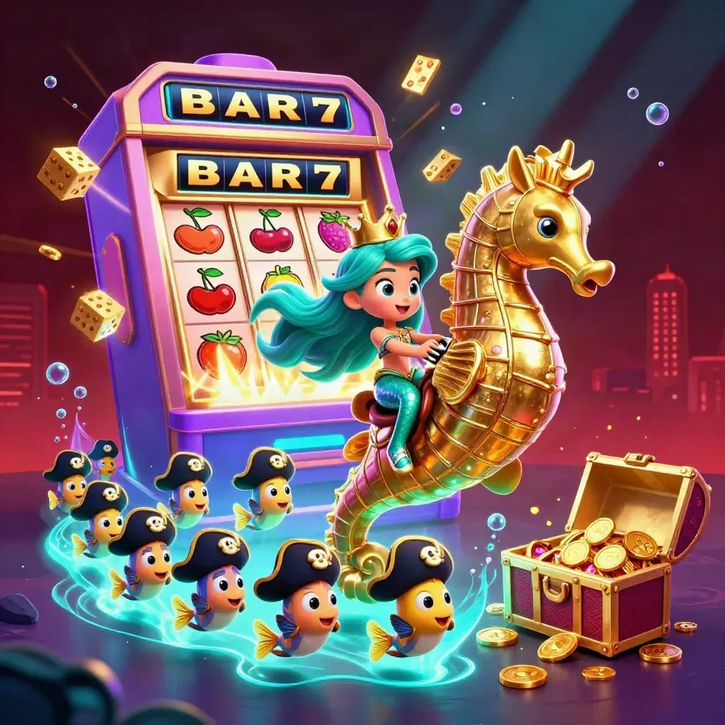 Mermaid princess on armored seahorse amid slot machine burst, coins, fish pirates, and glowing jackpot effects.