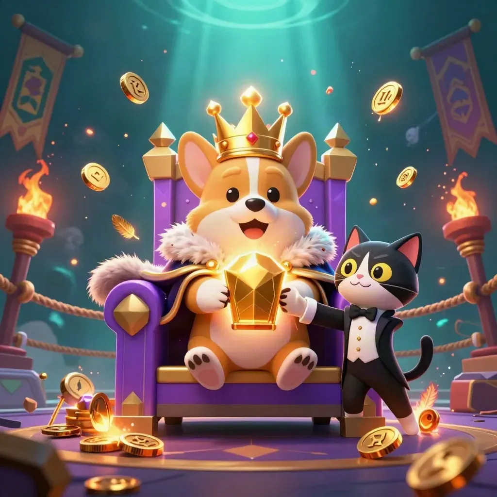 Royal corgi king and cat butler burst through coins, gems, and an underwater temple gate.