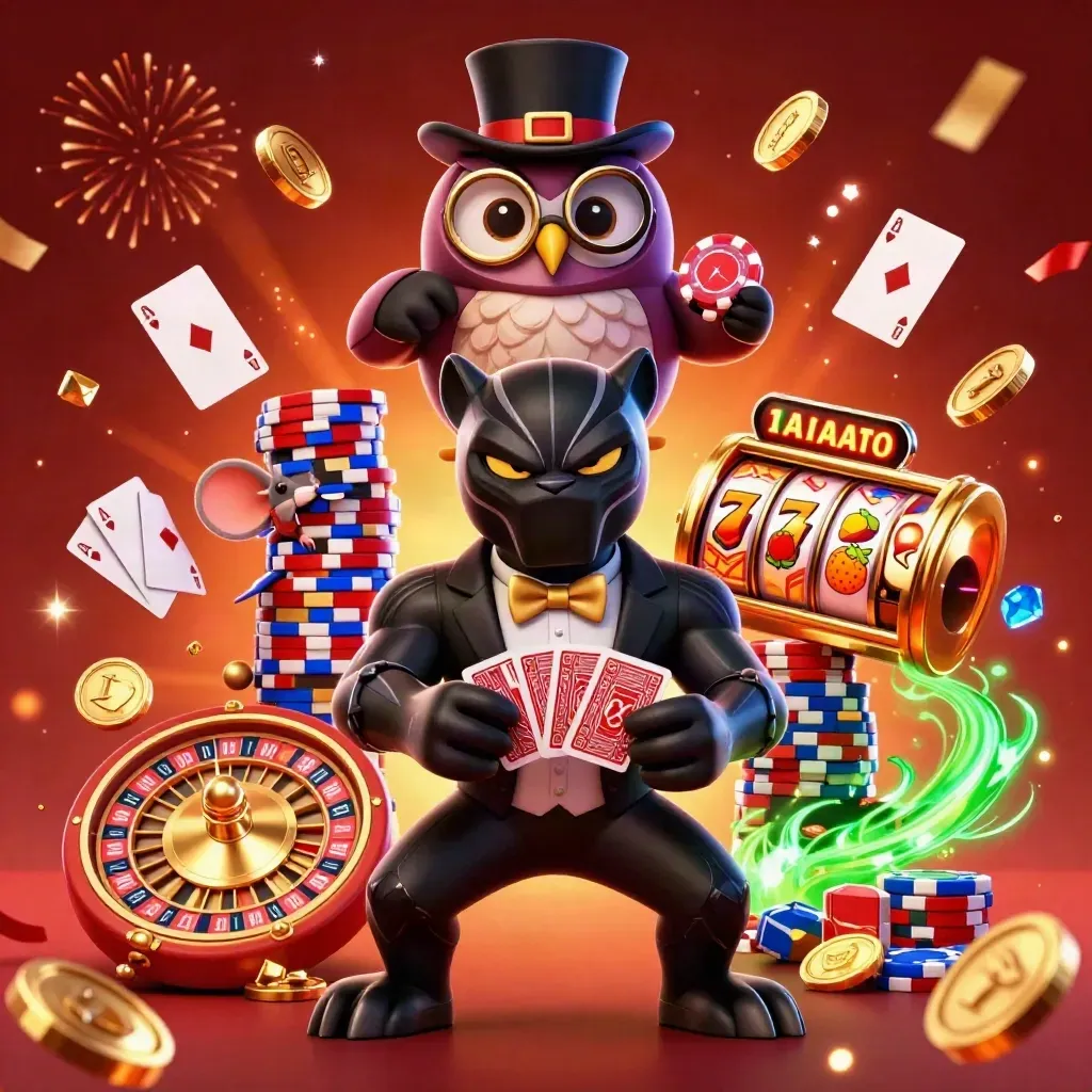 Panther, owl, and mouse casino heroes with cards, chips, coins, and glowing roulette chaos.