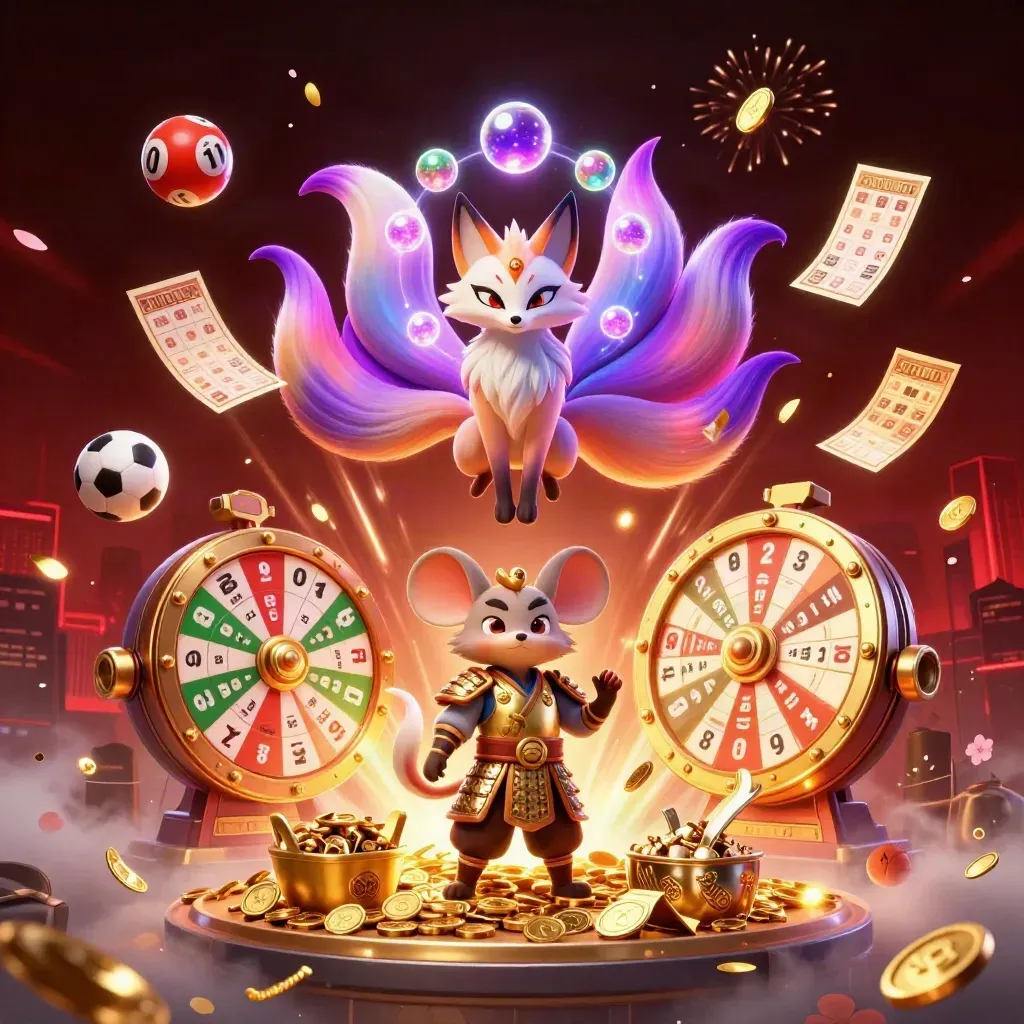 Nine-tailed fox spirit and samurai mouse amid coins, lottery balls, vault burst and casino effects.