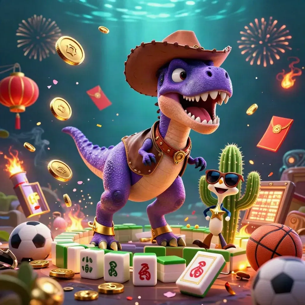 Cowboy T-Rex, cactus sidekick and roadrunner in a casino treasure burst with gold coins