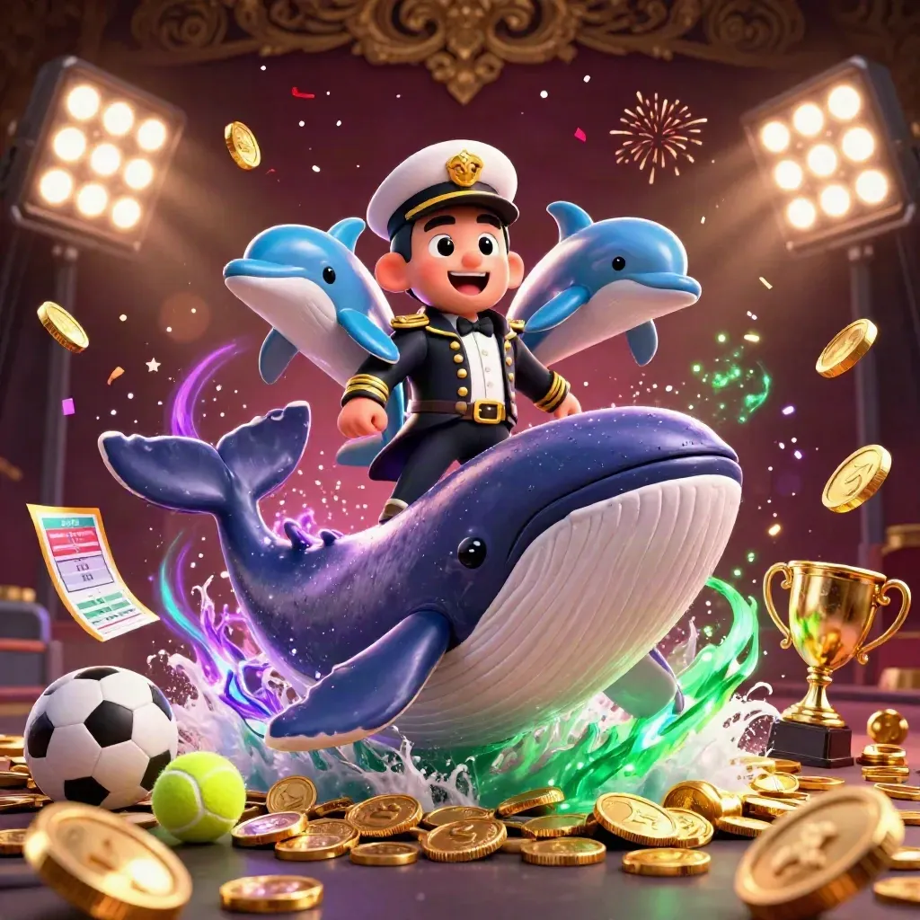 Whale captain, narwhal and dolphins amid coins, sports balls, trophy and fireworks in luxe casino art.