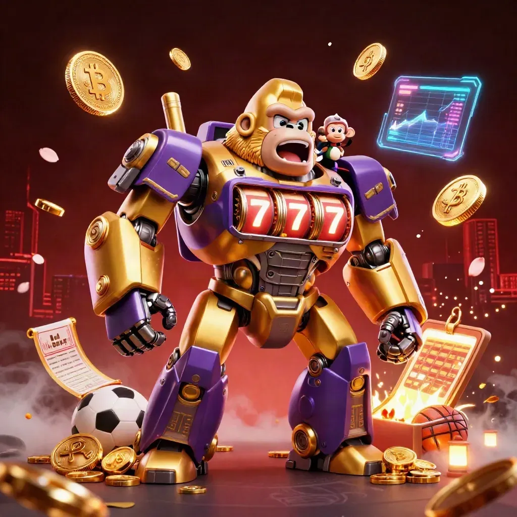 Golden gorilla mech with tiny monkey pilot amid coins, crypto icons, fireworks, and sports props