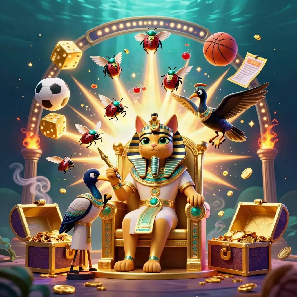 Pharaoh cat, ibis scribe, scarabs, bursting slot machine, coins, treasure, sports bet items
