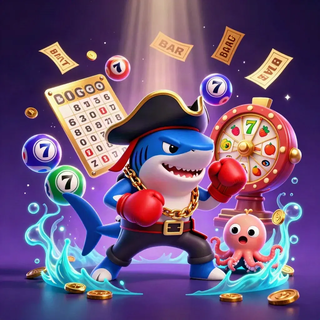 Pirate shark, boxing pufferfish, and coin-juggling octopus amid neon casino effects.