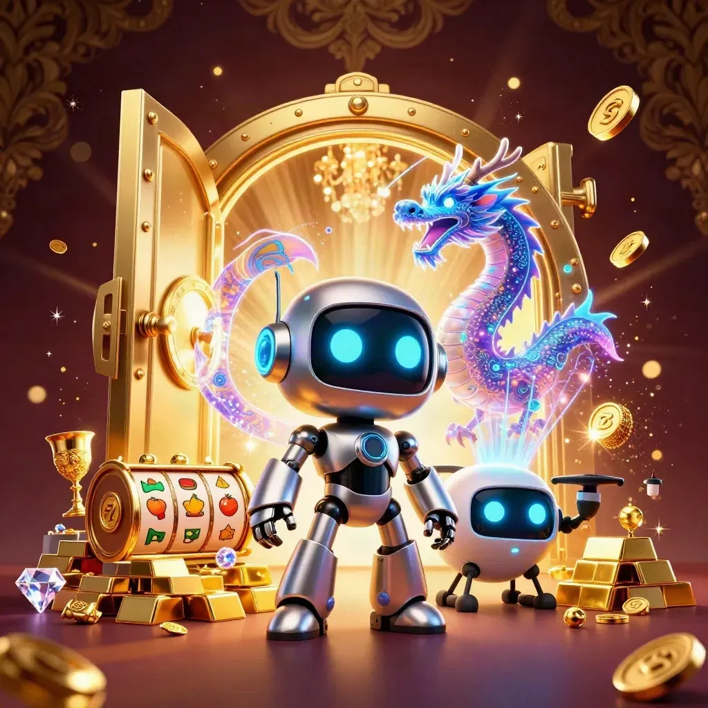 Chrome robot, holographic dragon and coin drone erupt from a golden vault in luxe casino light.
