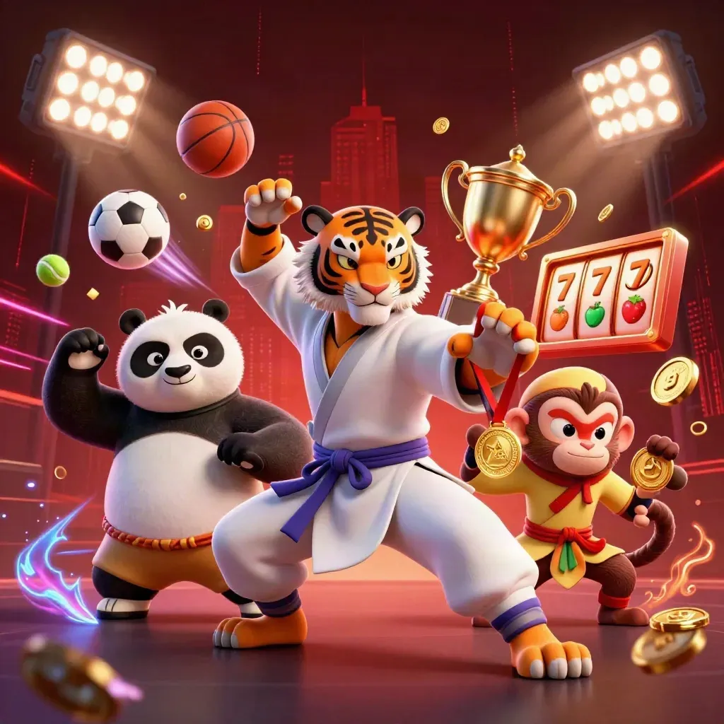 Kung-fu tiger, panda, and monkey amid casino sports balls, coins, trophy, and neon lights