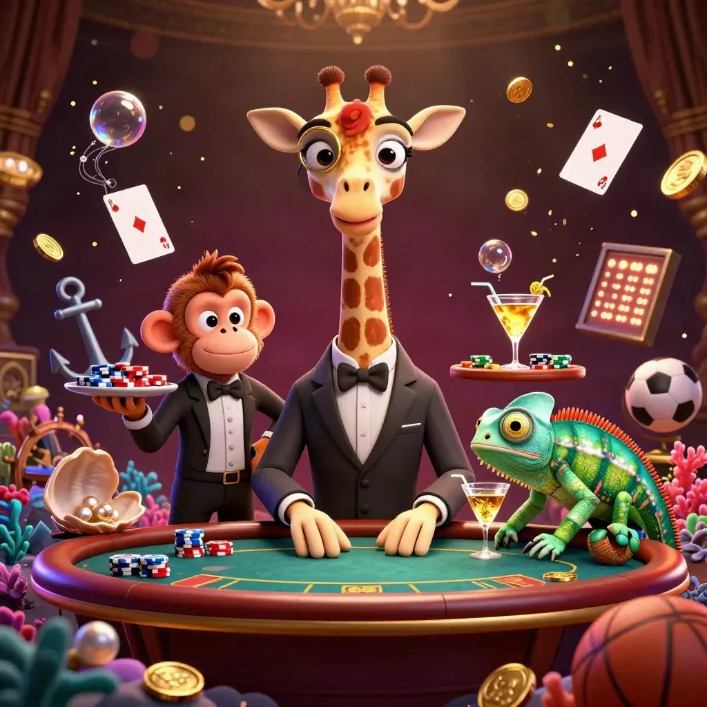 Giraffe high roller, monkey valet, and chameleon bartender in a gold-lit treasure-cove casino scene.