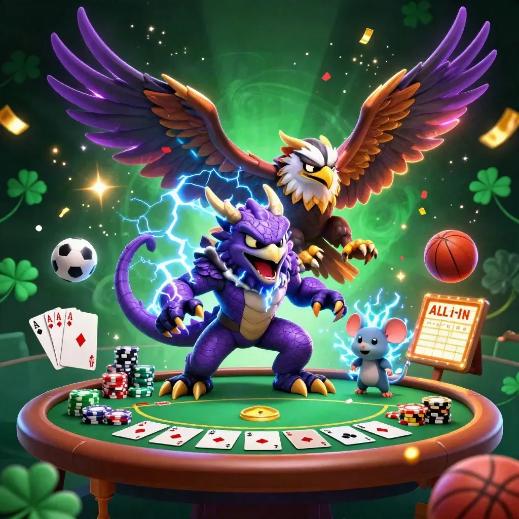 Thunder dragon, hawk and mouse amid casino chips, cards, gold sparks and neon lightning