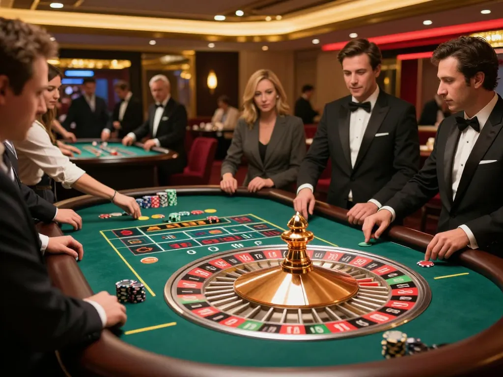 Experience the excitement of roulette as players engage with VIN777 at a luxurious casino.