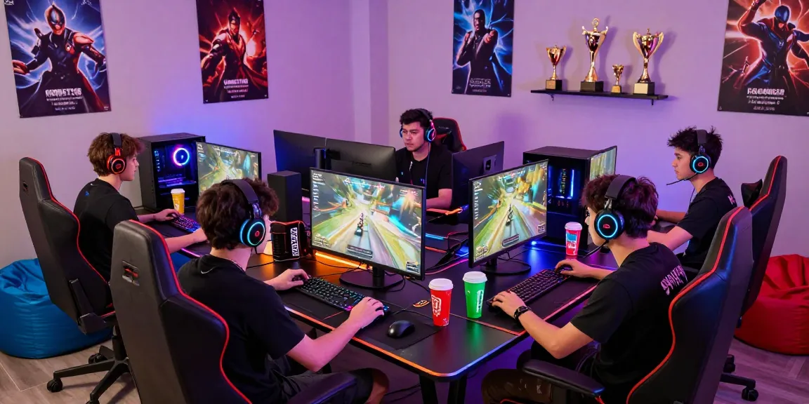 KOMBET168 gamers immersed in an exciting eSports setup, showcasing vibrant gear and engaging gaming environment.