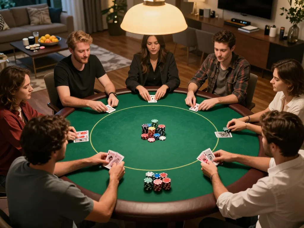 Players enjoy an engaging poker night at home, showcasing strategic play with XX88 among friends.