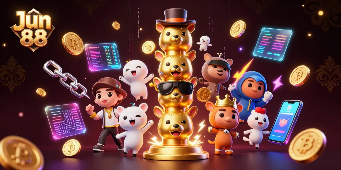 Engage with the vibrant casino world of Jun 88, featuring a dynamic illustration of a golden totem pole surrounded by crypto coins.