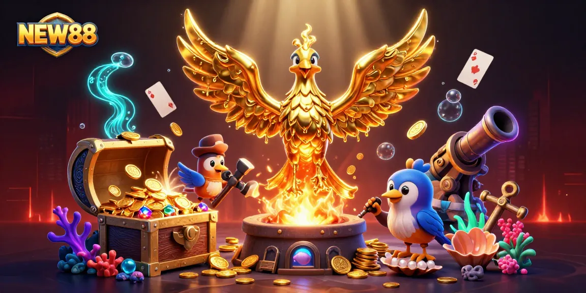 Experience the excitement of NEW88 with a vibrant 3D phoenix soaring above a jackpot of coins and gems.