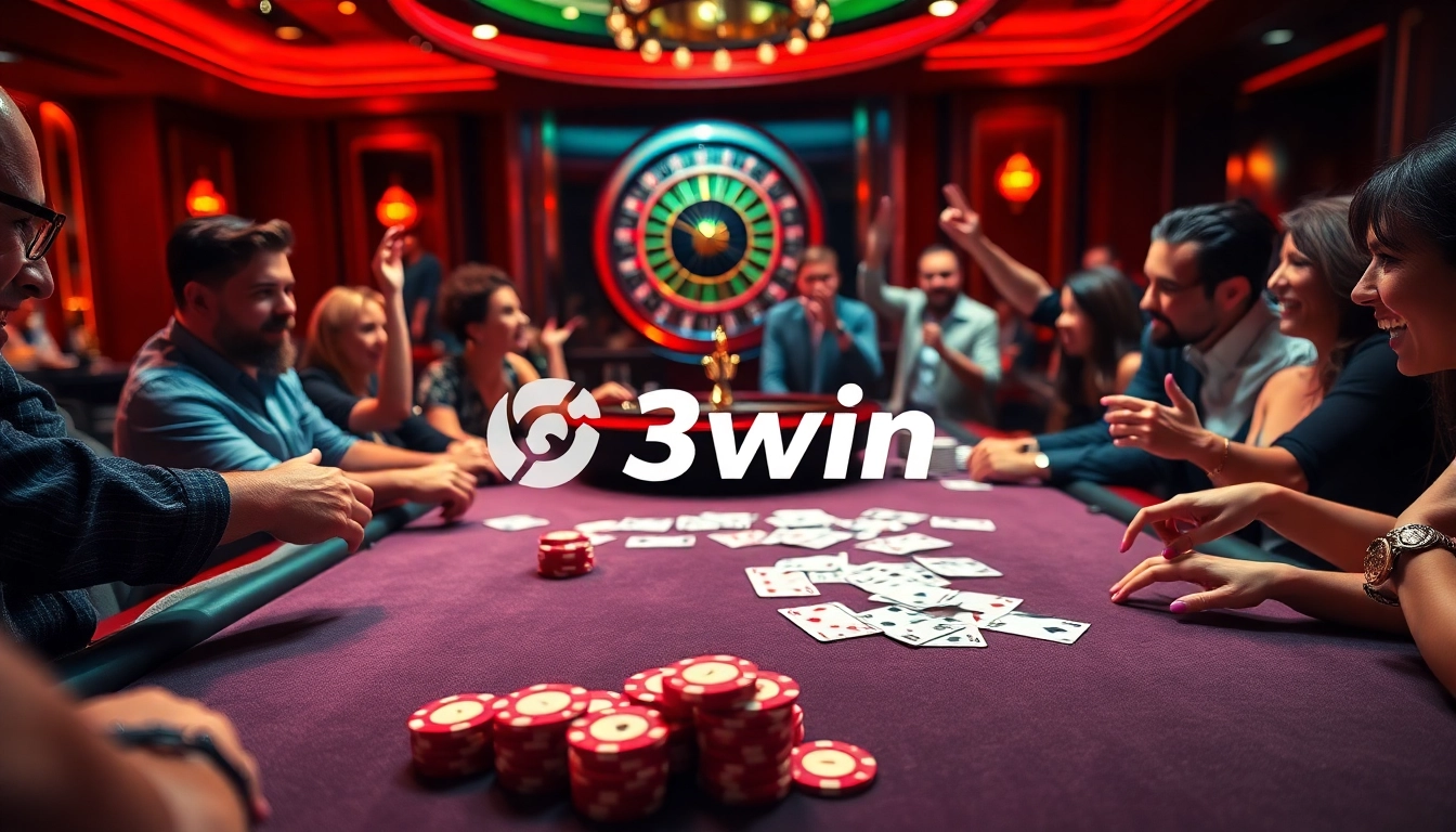 Players engaging in an exciting poker game at 3win casino with vibrant chips and cards.
