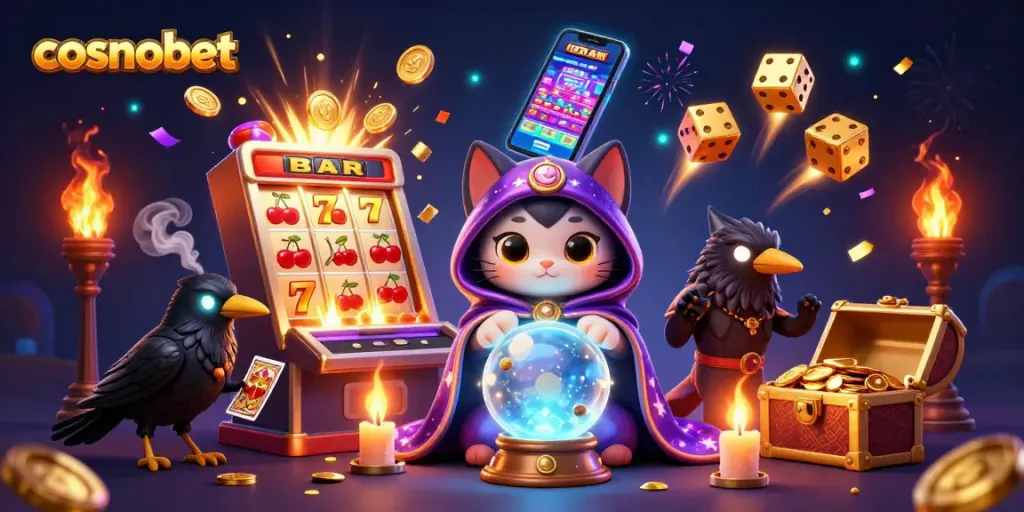Engage with cosmobet's vibrant 3D illustration showcasing casino excitement with slot machines and mystical characters.