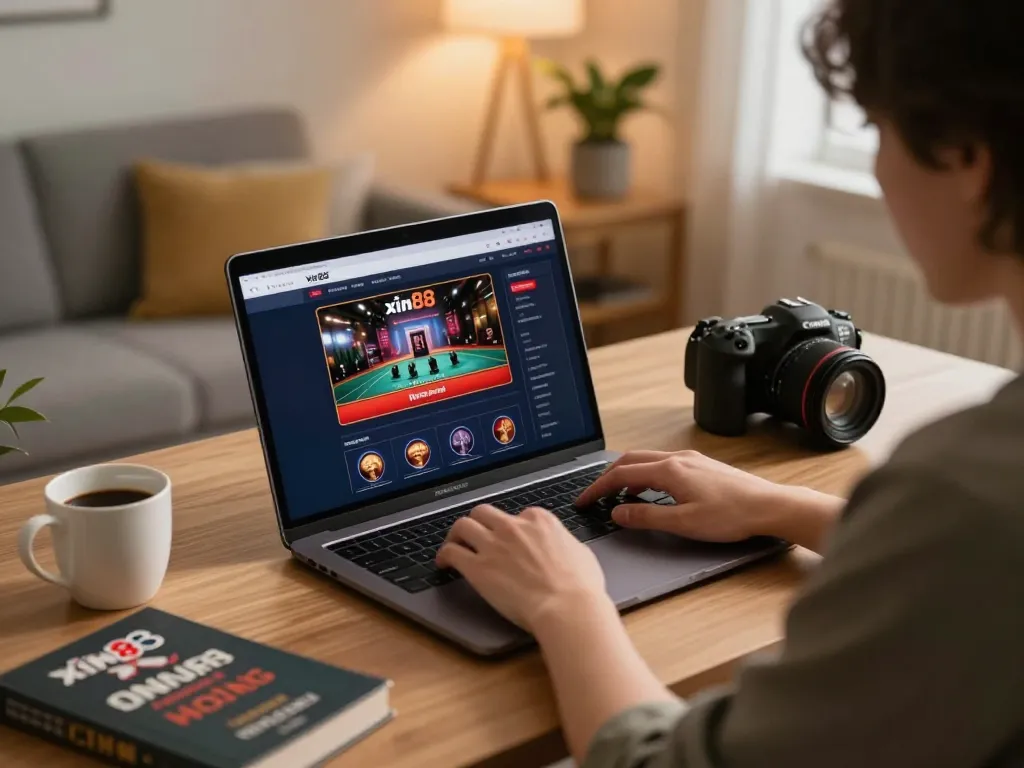 Engage with xin88 online casino interface while strategizing in a cozy home gaming setup.