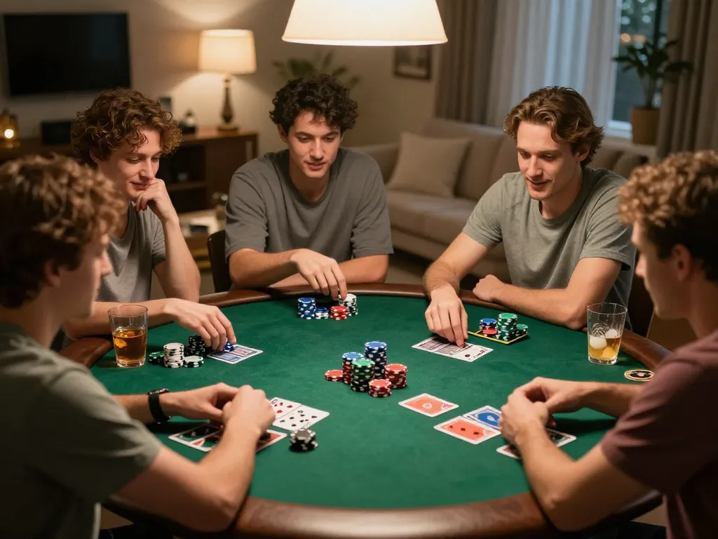 Người chơi Sunwin tận hưởng một trò chơi poker chiến lược tại nhà, thể hiện những viên chip và lá bài sống động trong một không gian ấm cúng.