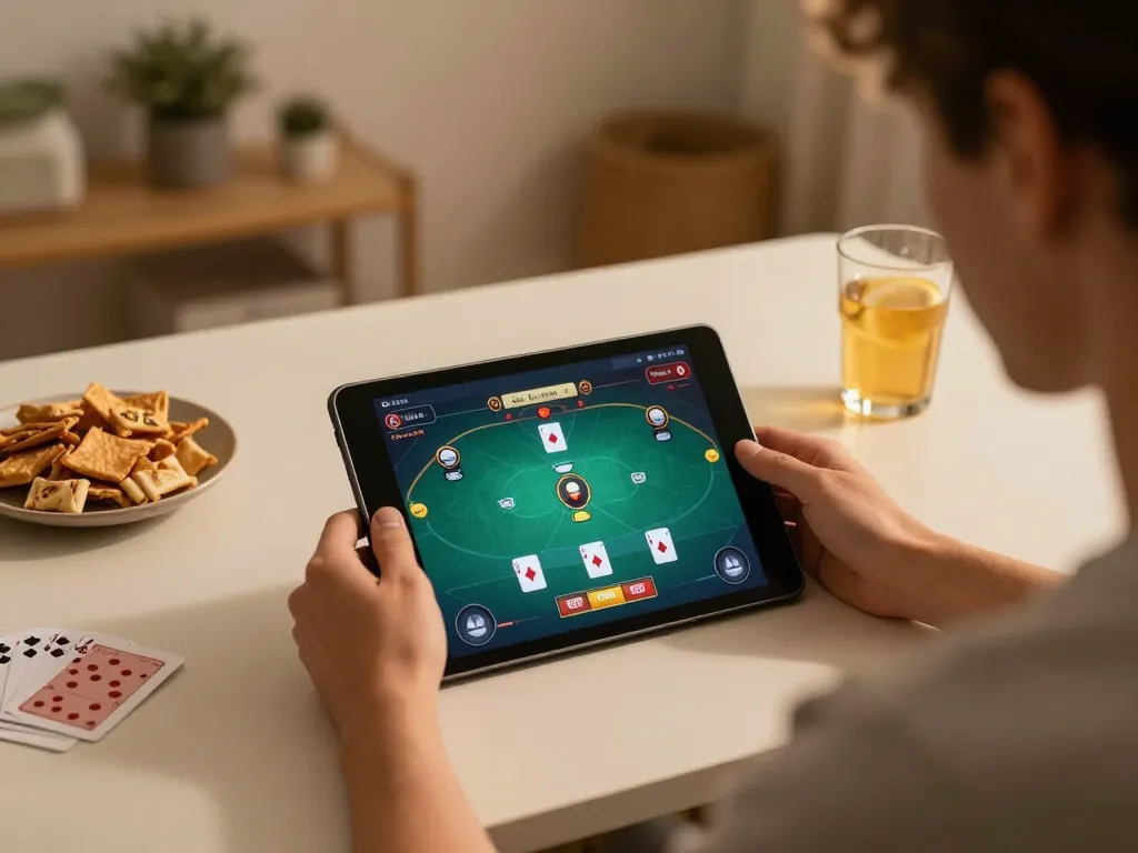 Engaging tr88 online poker session on tablet with warm home atmosphere and strategy notes.