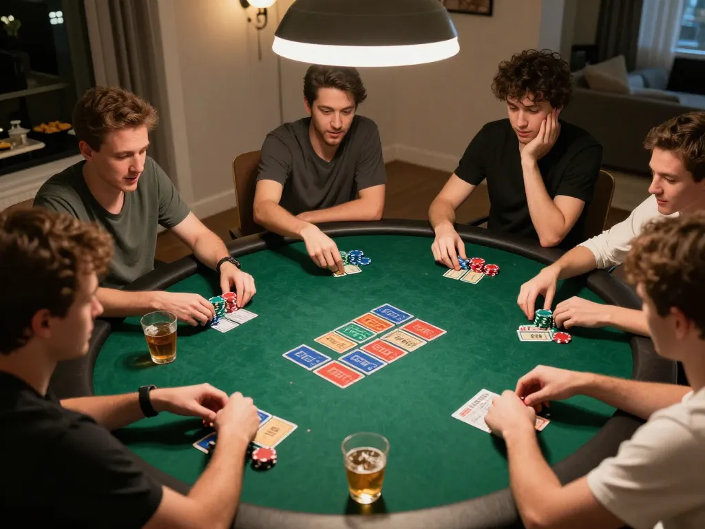 sin88s poker game in action, players engaged at home with strategic chips and snacks