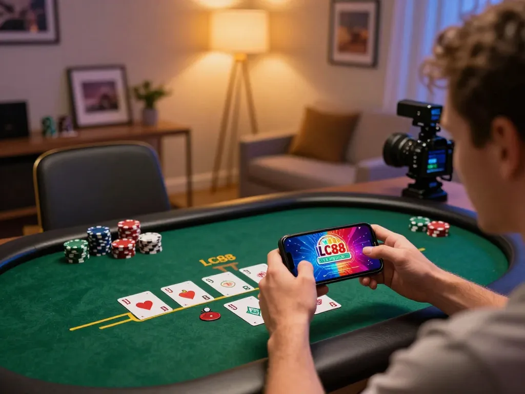 Player engaging with LC88 mobile app for online poker in a cozy home setup