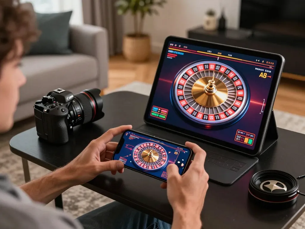Cổng game Red88 showcased through a player enjoying mobile casino gaming with vibrant roulette visuals.