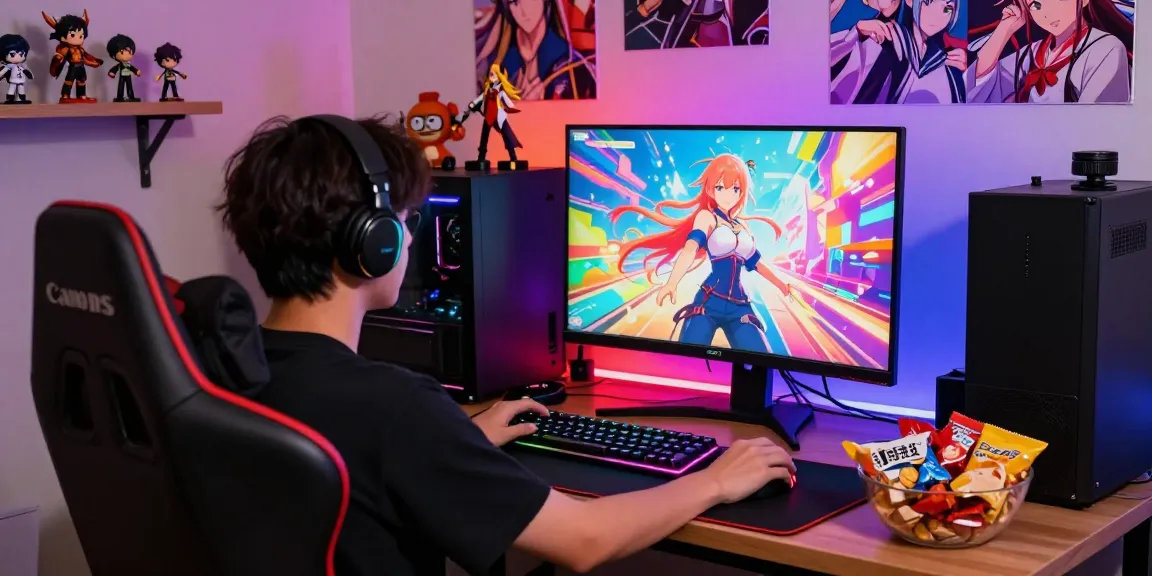 Immersive gaming experience featuring a player engaged in a hentai game with vibrant anime graphics and gaming setup.