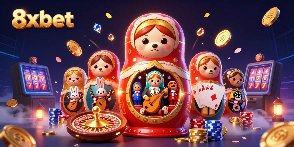 Experience the excitement of 8xbet with a vibrant 3D casino scene showcasing animated characters and gambling elements.