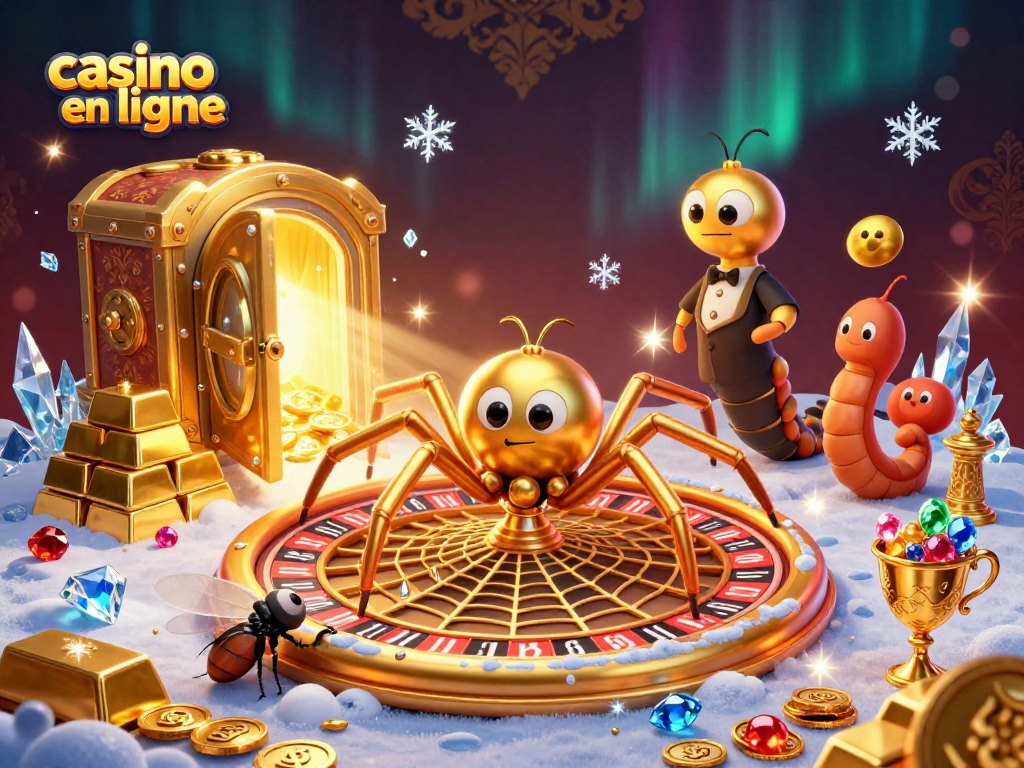 Amuse-toi au casino en ligne avec une araignée dorée à la roulette, des bijoux éblouissants et un croupier centipède.