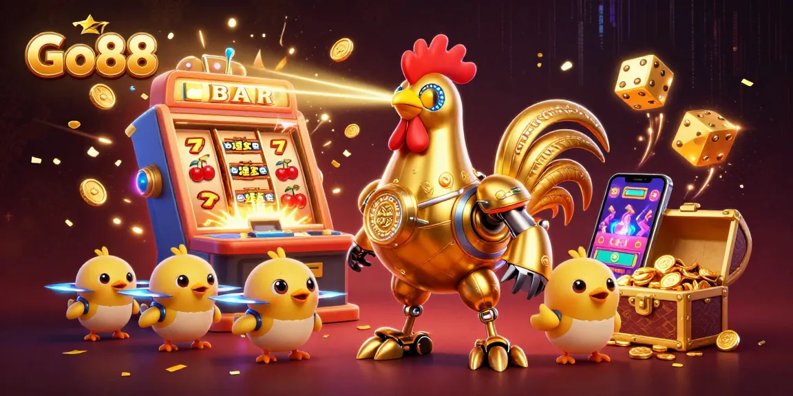 Go88 features a golden rooster robot shooting lasers in a vibrant casino setting with dynamic slot machine excitement.