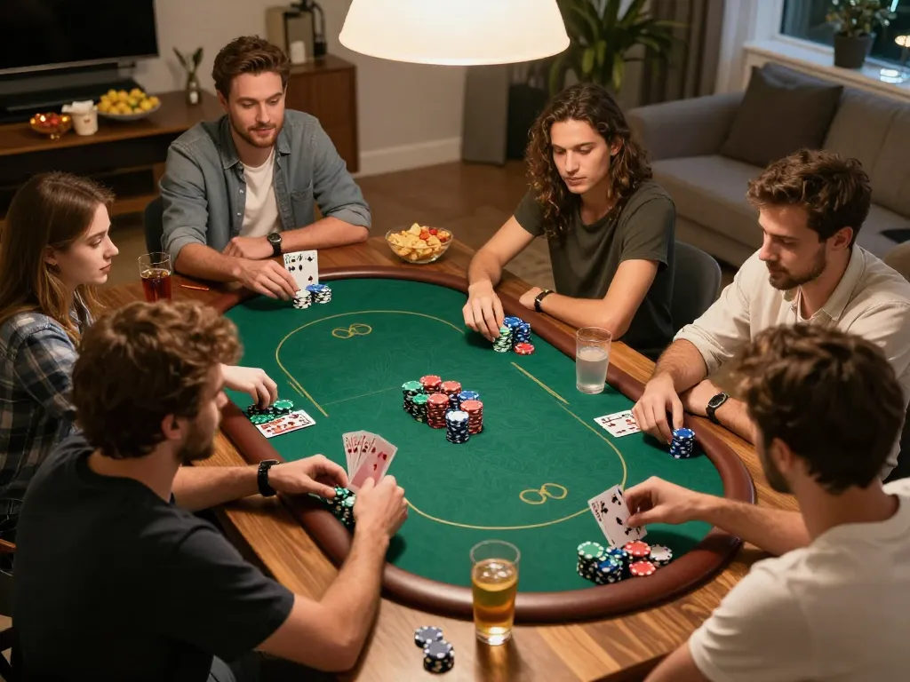 Engaged friends playing poker at home while enjoying a vibrant atmosphere with Sonclub, showcasing friendly competition.