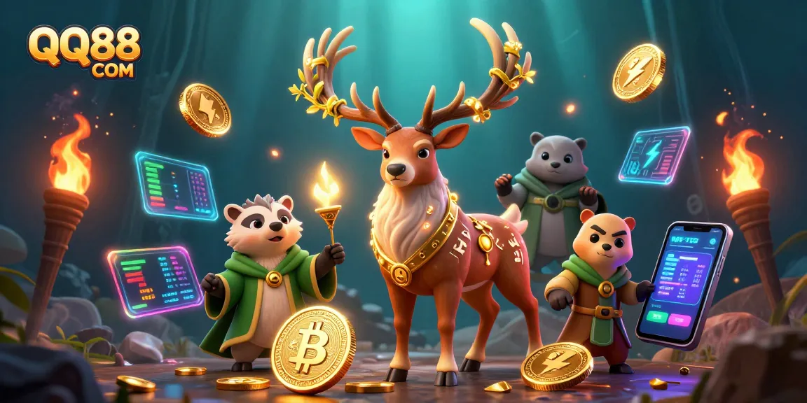 Bet on QQ88 COM amidst a mystical scene of a druid stag and badger surrounded by crypto elements.