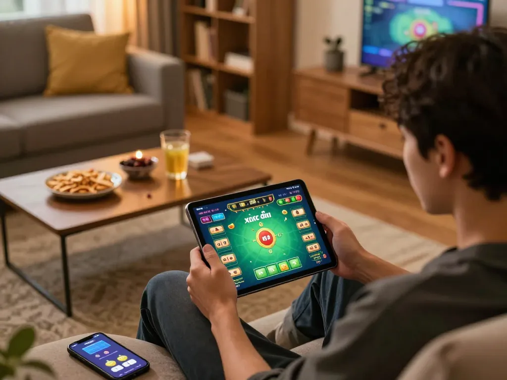 Xóc đĩa online game being played on a tablet in a cozy living room, illustrating strategic gaming.