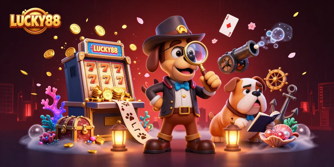 LUCKY88 slots scene with a bloodhound detective and bulldog, revealing treasures and clues.