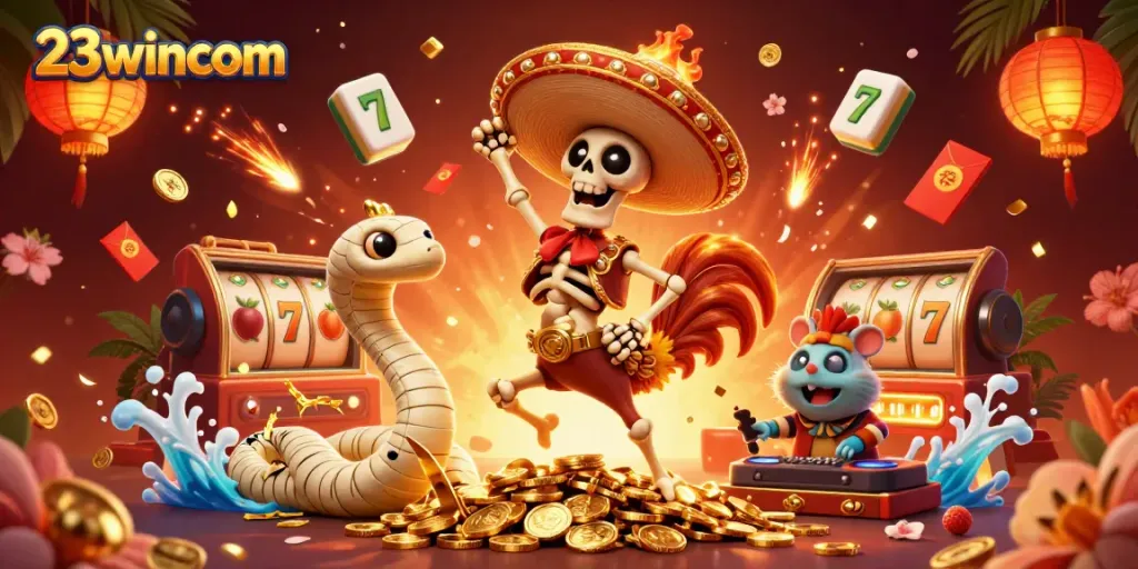 Experience thrilling wins at 23wincom with a vibrant casino-themed 3D illustration.