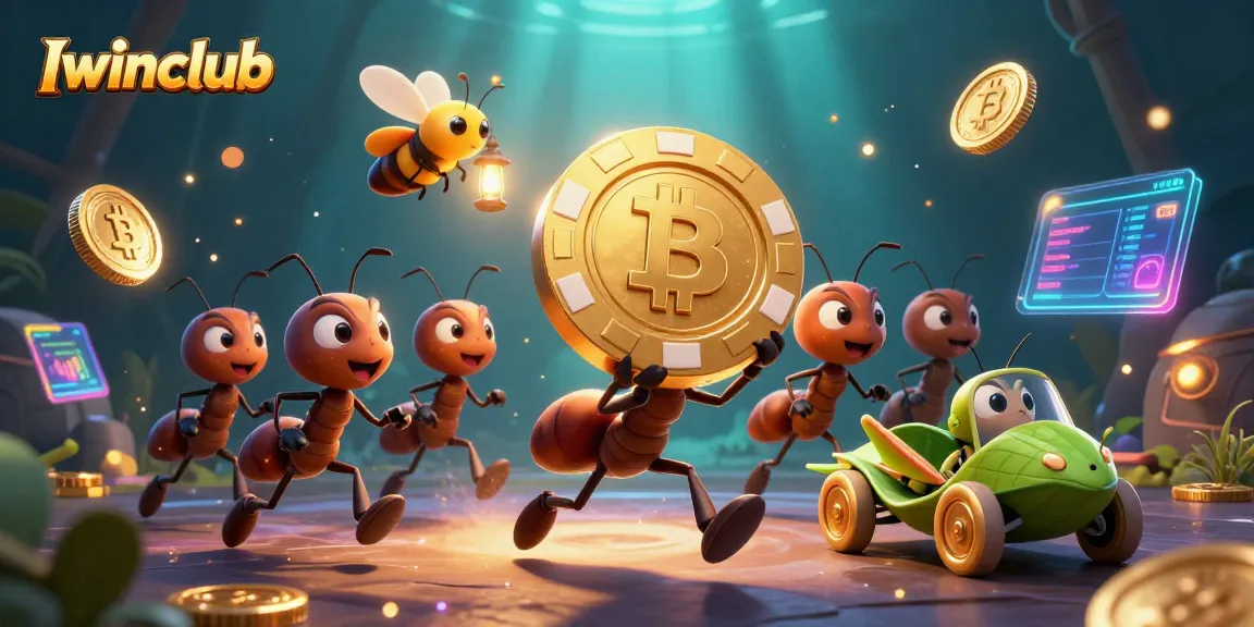 Ants execute a heist for Iwinclub, with crypto elements illuminating their escape.