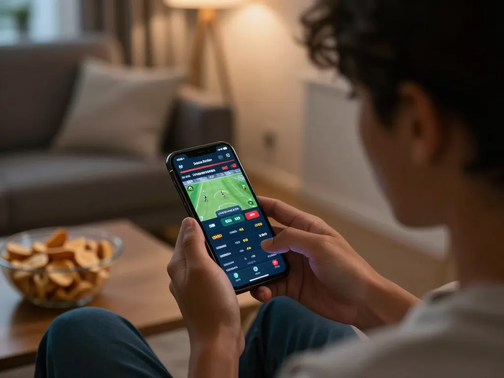 Dafabet mobile sports betting user placing a strategic bet in a cozy home setting