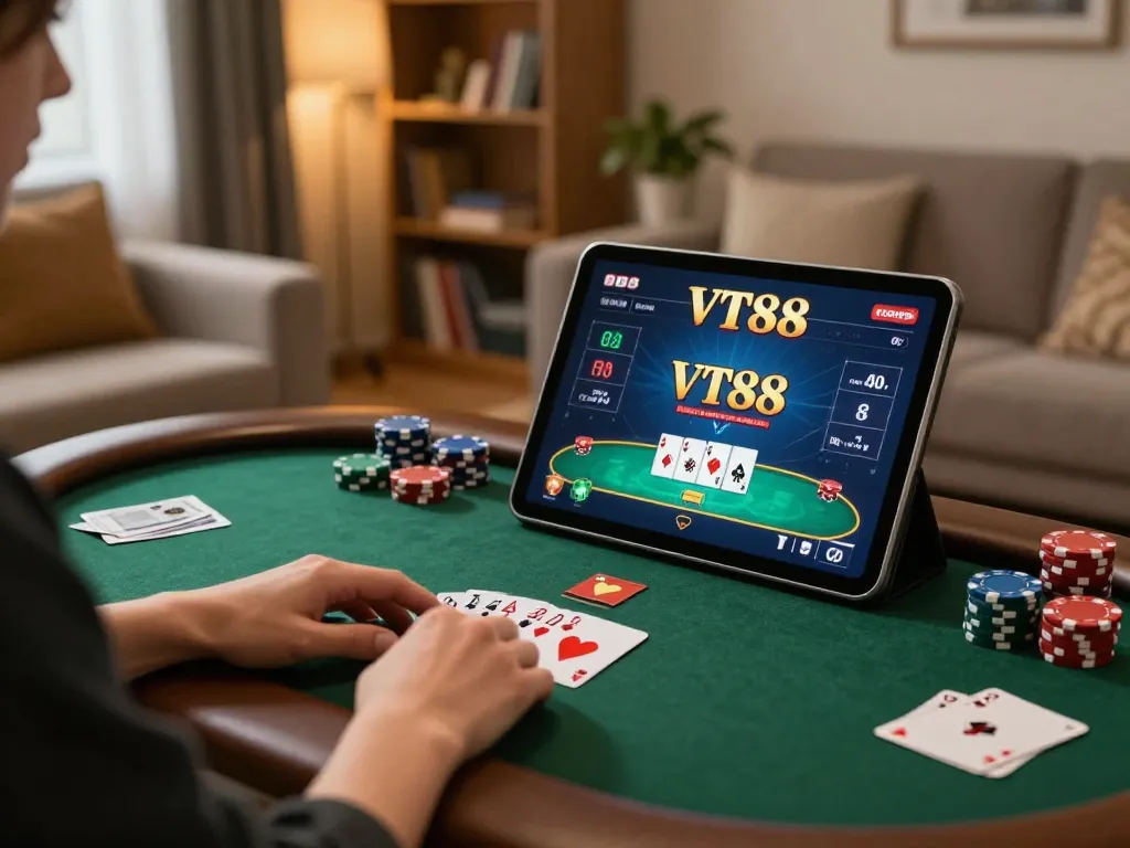 Engaging with VT88's online casino through a tablet in a cozy home setting while managing bets and strategies.