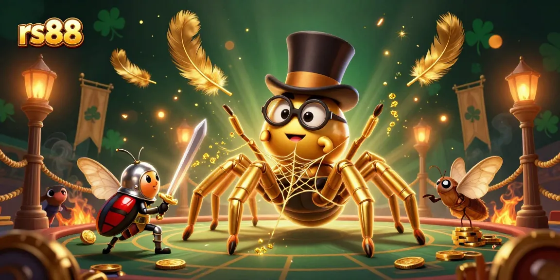 The rs88 platform presents an exciting gaming experience with a vibrant scene of a golden tarantula and beetle knight in a casino.