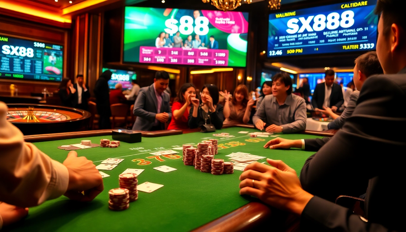 Witness the excitement at sx88 with players enjoying a high-stakes poker game and vibrant casino visuals.