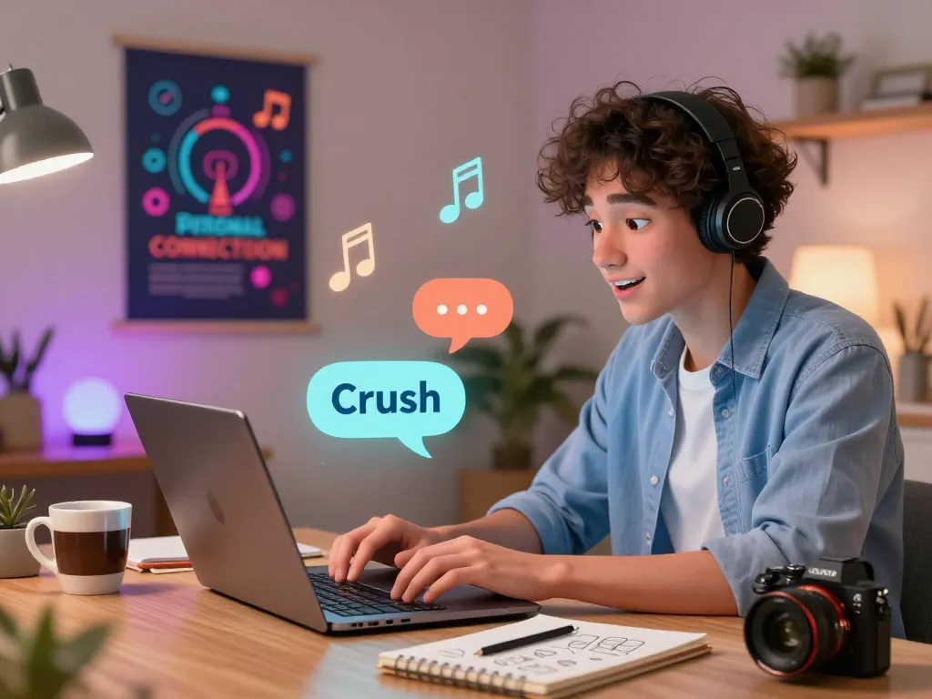 Immersive chat experience using crush on ai in a cozy home office with a vibrant animated character.