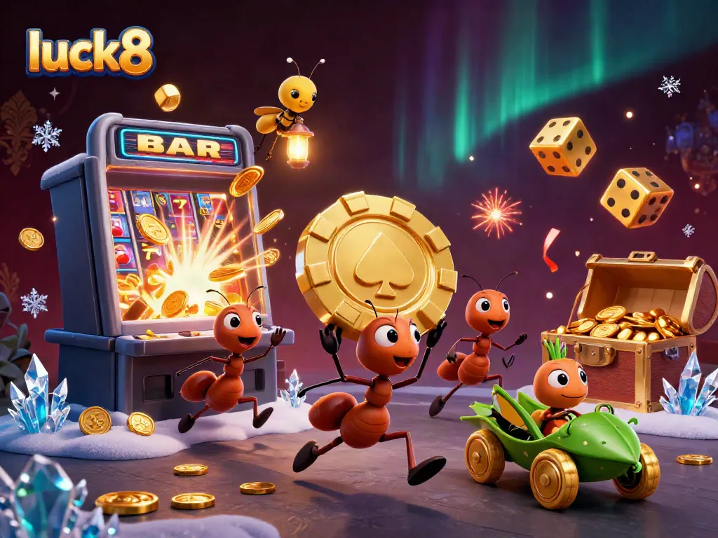 Engage with Luck8's thrilling jackpot adventure featuring cartoon ants and a vibrant casino atmosphere.