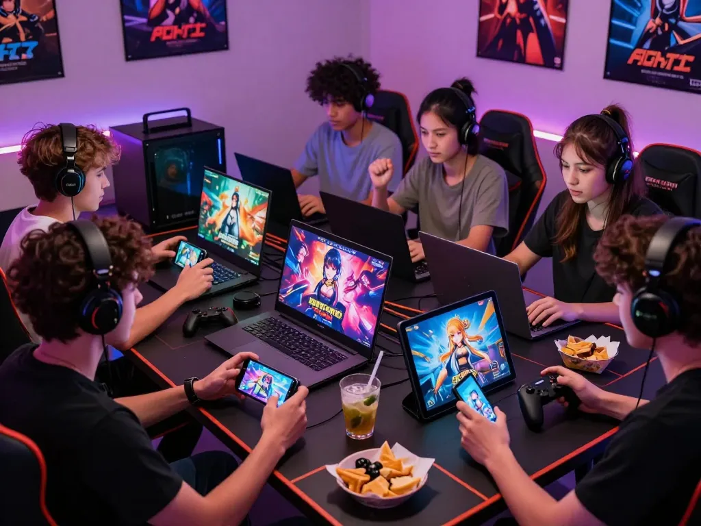Players engaged in diverse porn games on tablets, laptops, and phones in a vibrant gaming room.