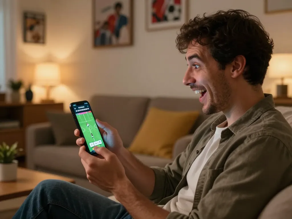 Cakhia app user enjoying live sports betting in a cozy home setting on his smartphone.
