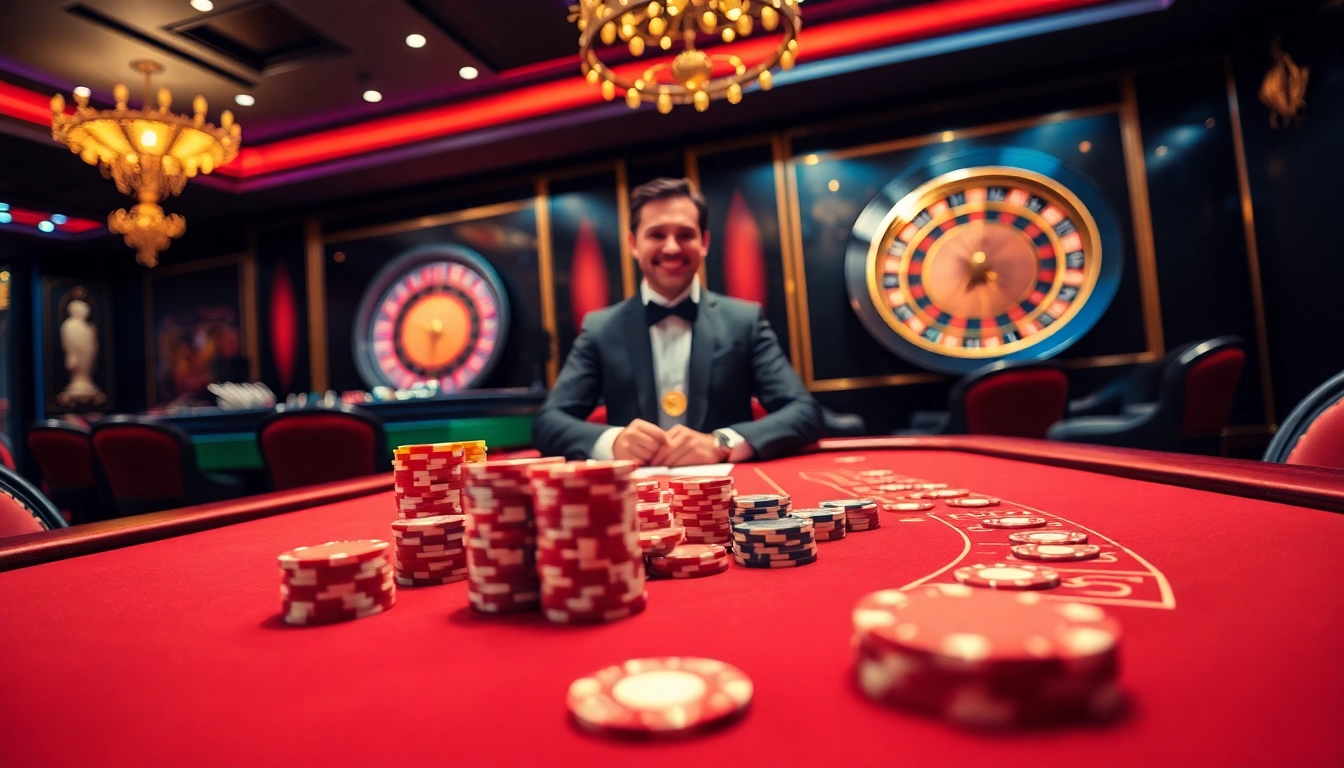 Engage in high-stakes games at 58WIN’s luxurious casino table, featuring vibrant poker chips and smiling dealers.