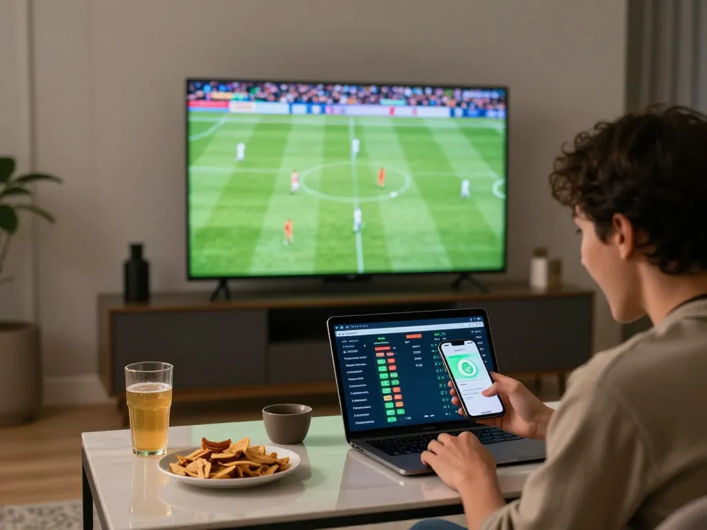 Engaging in kèo nhà cái analysis on smartphone while watching a live football match at home